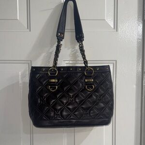 METROCITY ITALY Vintage Elegant Black Quilted Tote with Gold Details